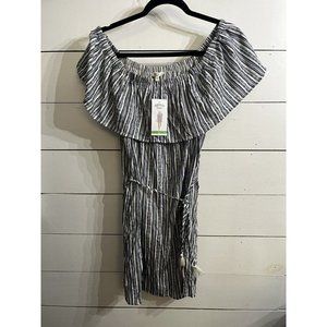 WOMENS HAWAIIAN TROPIC BLUE WHITE STRIPED‎ OFF THE SHOULDER Large SUNDRESS NWT